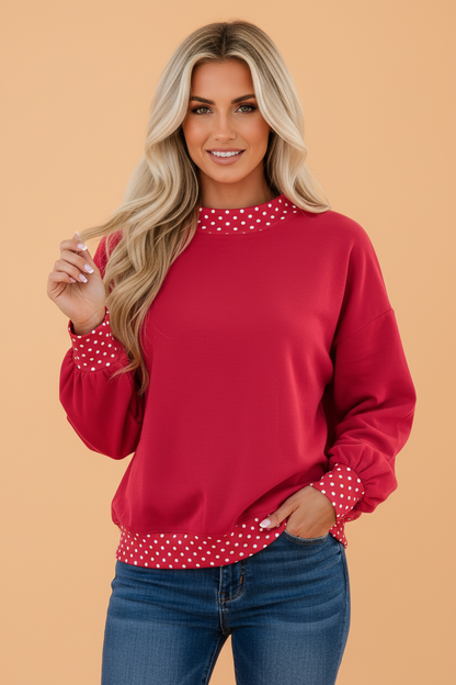 PRETTY BASH Polka Dot Contrast Trim Mock Neck Sweatshirt