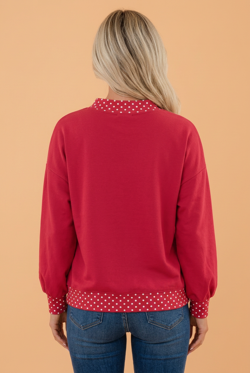 PRETTY BASH Polka Dot Contrast Trim Mock Neck Sweatshirt