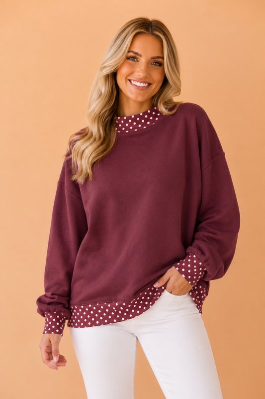 Polka Dot Contrast Trim Mock Neck Sweatshirt