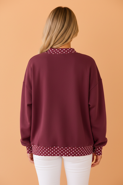 Polka Dot Contrast Trim Mock Neck Sweatshirt