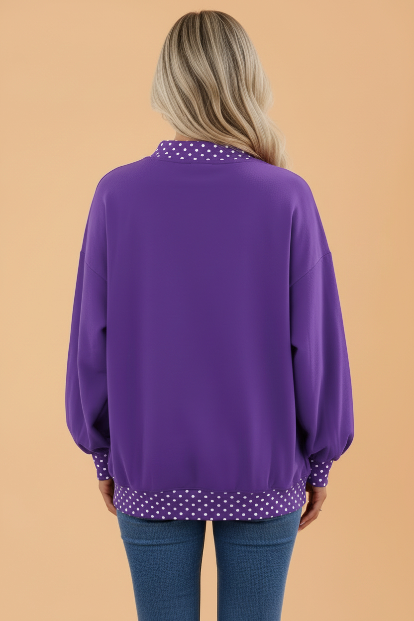 Polka Dot Contrast Trim Mock Neck Sweatshirt