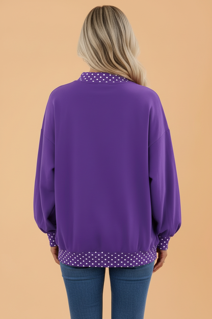 Polka Dot Contrast Trim Mock Neck Sweatshirt