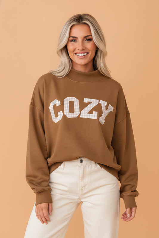 Gingham Patch Embroidered Mock Neck Sweatshirt