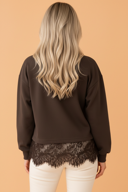 Solid Mock Neck Lace Hem Pullover Sweatshirt