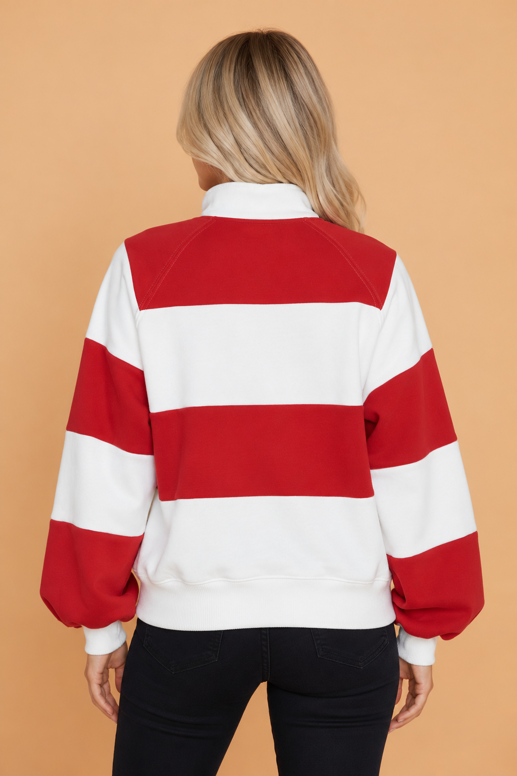 PRETTY BASH Colorblock Stripe Puff Sleeve Buttoned Collar Sweatshirt