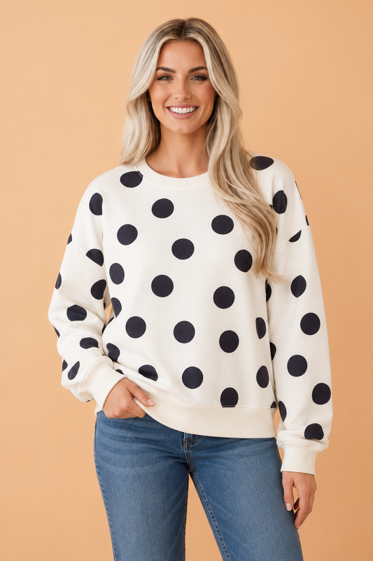 PRETTY BASH Polka Dot Ribbed Trim Round Neck Sweatshirt
