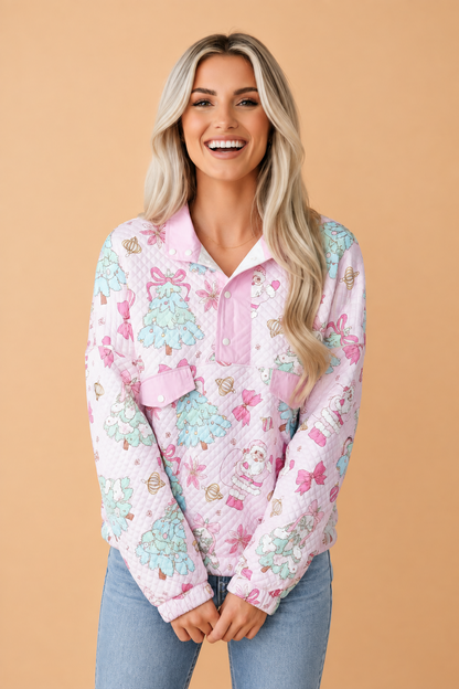 PRETTY BASH Christmas Santa Bow Tree Collar Button Sweatshirt