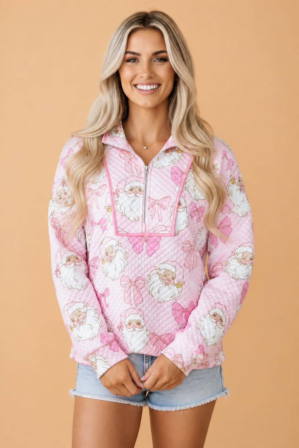 PRETTY BASH Christmas Santa Bow Graphic Print Zip-Up Collar Sweatshirt