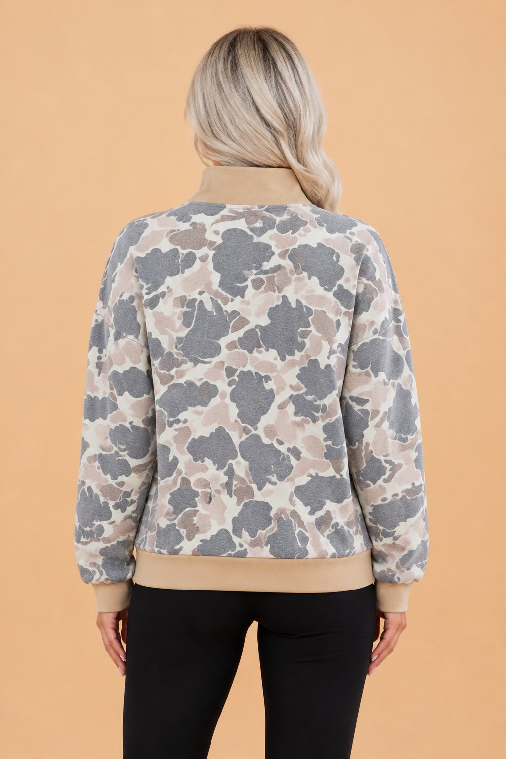 PRETTY BASH Camo Colorblock Zip Up Stand Neck Sweatshirt