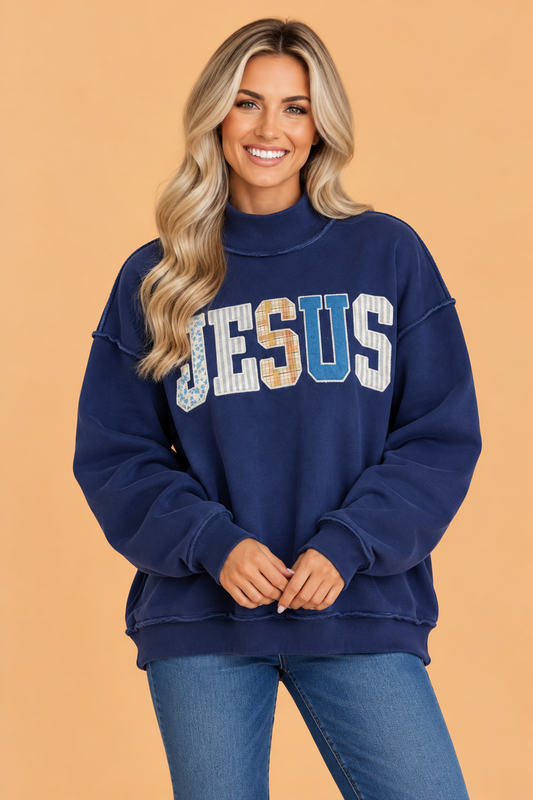 PRETTY BASH JESUS Letter Print Exposed Seam Mock Neck Sweatshirt