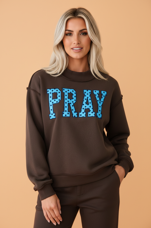 PRETTY BASH PRAY Letter Print Embroidered Mock Neck Sweatshirt