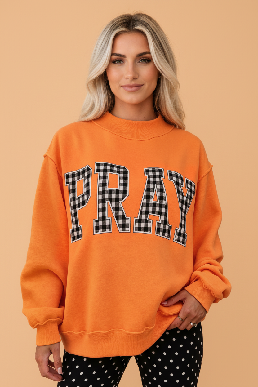 PRETTY BASH PRAY Letter Print Embroidered Mock Neck Sweatshirt