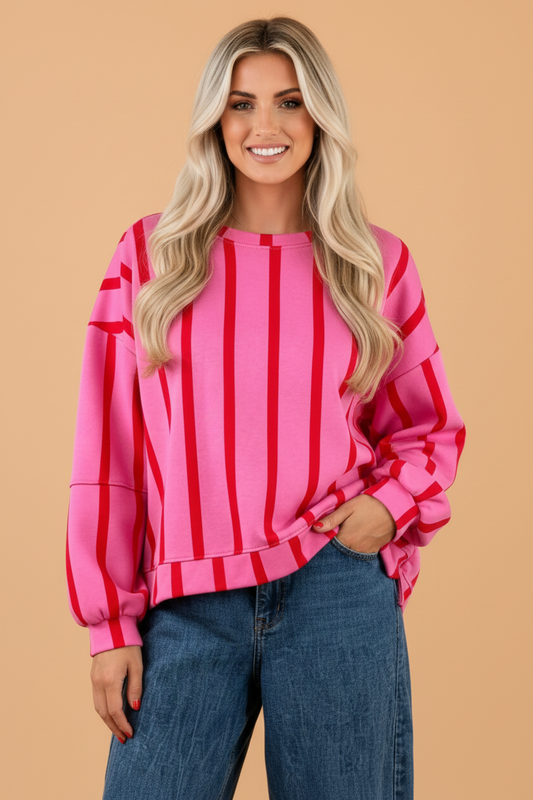 Stripe Drop Shoulder Round Neck Long Sleeve Sweatshirt