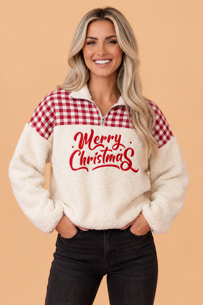 Merry Christmas Gingham Patchwork Fleece Sweatshirt