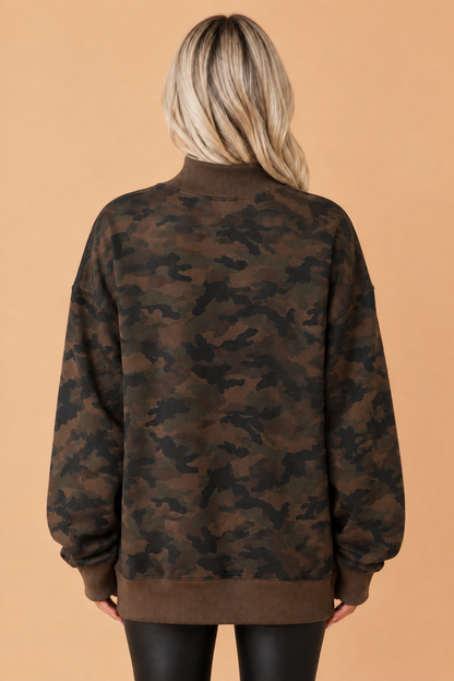 Camo Mock Neck Drop Shoulder Baggy Sweatshirt