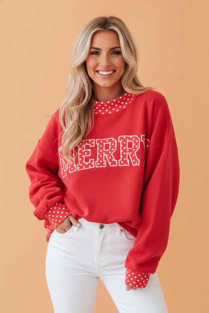 Polka Dot Holiday Letter Patch Mock Neck Sweatshirt