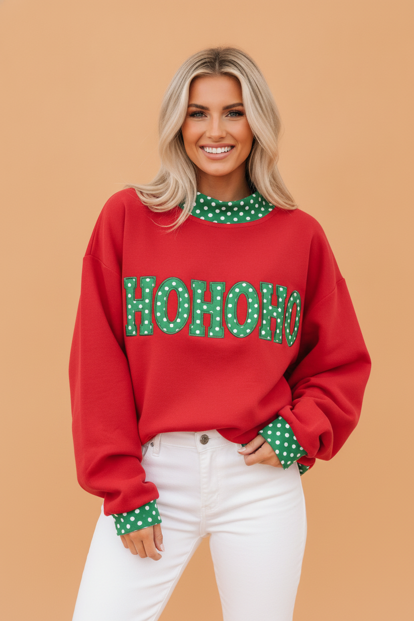 Polka Dot Holiday Letter Patch Mock Neck Sweatshirt