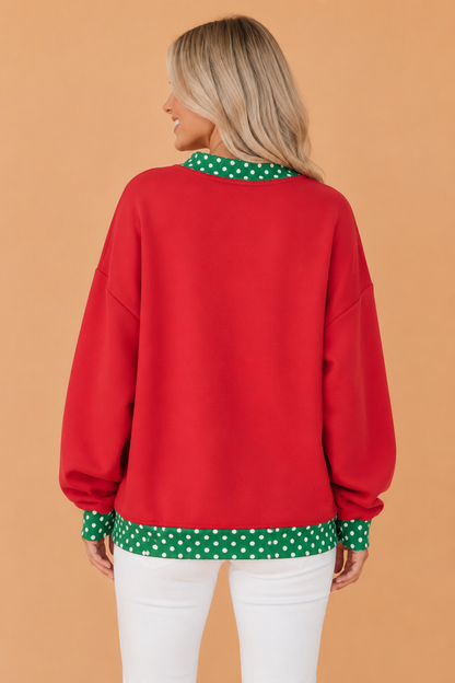 Polka Dot Holiday Letter Patch Mock Neck Sweatshirt