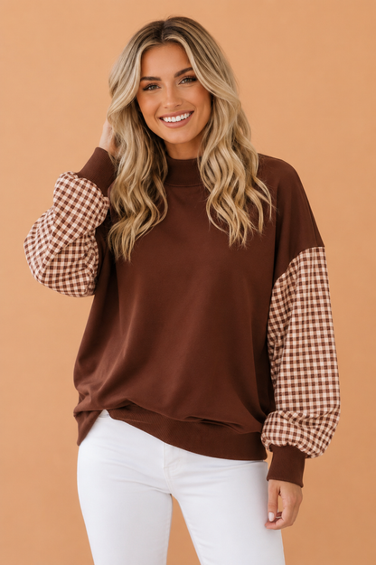 Gingham Colorblock Mock Neck Long Sleeve Sweatshirt