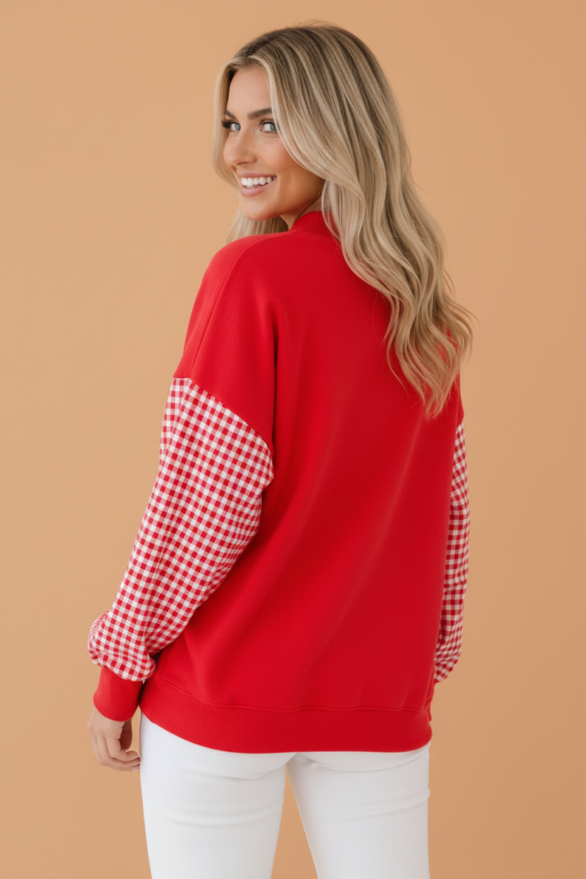 Gingham Colorblock Mock Neck Long Sleeve Sweatshirt