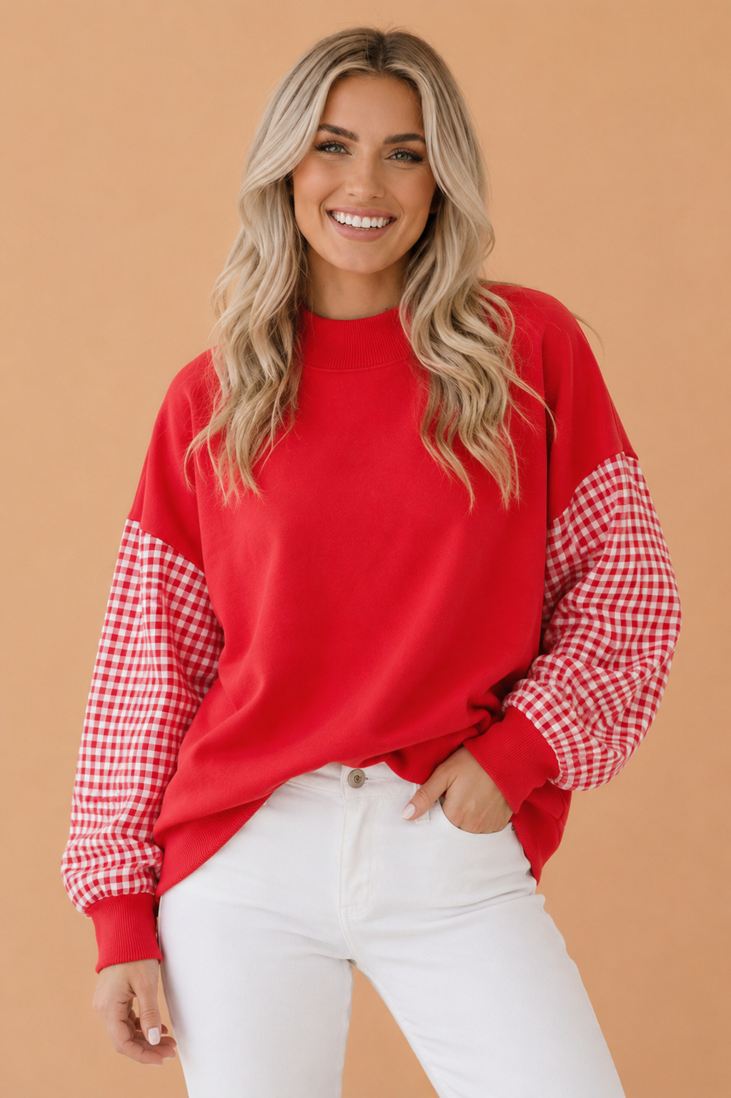 Gingham Colorblock Mock Neck Long Sleeve Sweatshirt