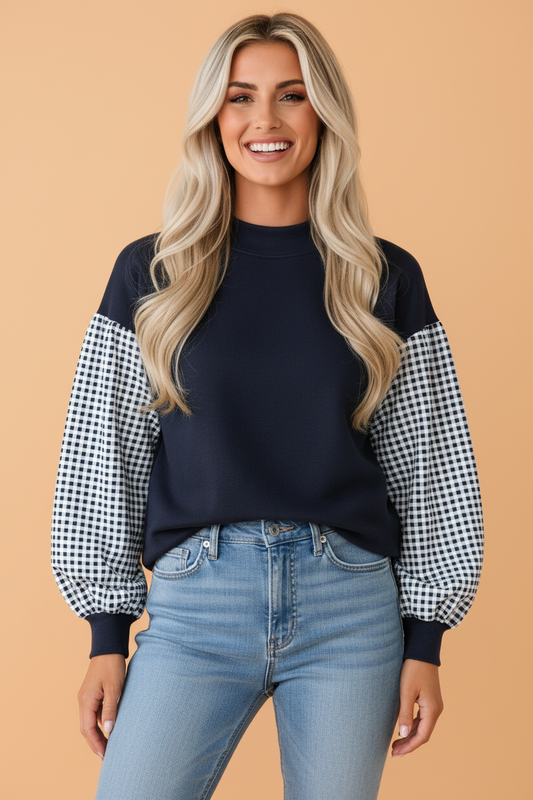 Gingham Colorblock Mock Neck Long Sleeve Sweatshirt