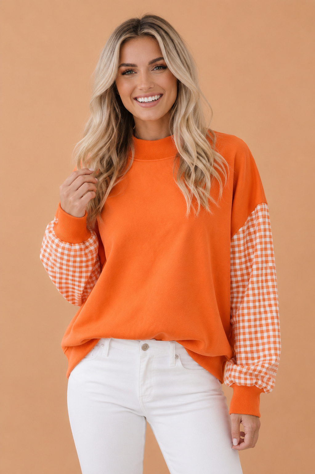 Gingham Colorblock Mock Neck Long Sleeve Sweatshirt