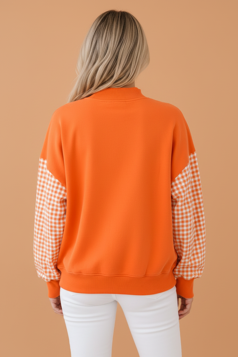 Gingham Colorblock Mock Neck Long Sleeve Sweatshirt