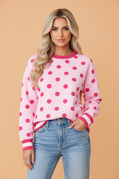 PRETTY BASH Polka Dot Colorblock Trim Round Neck Sweatshirt