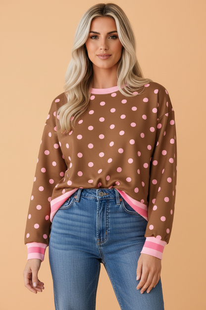 Polka Dot Colorblock Trim Round Neck Sweatshirt