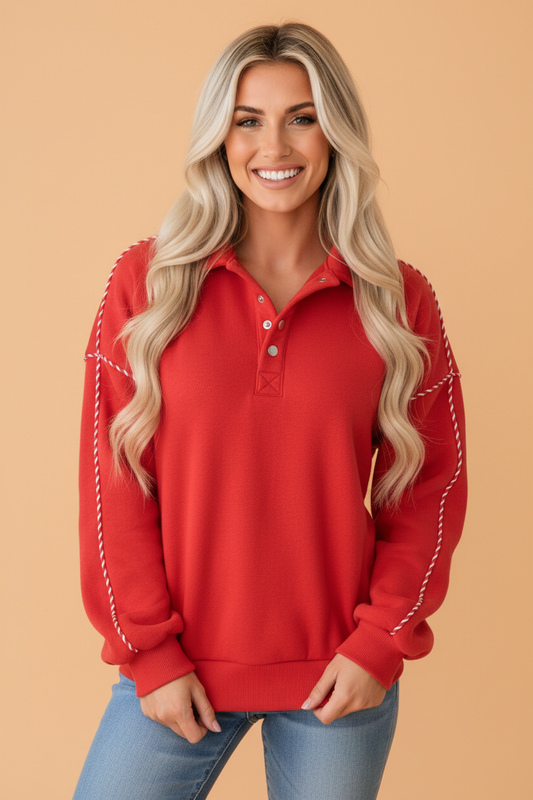 PRETTY BASH Stripe Contrast Trim Snap Button Sweatshirt