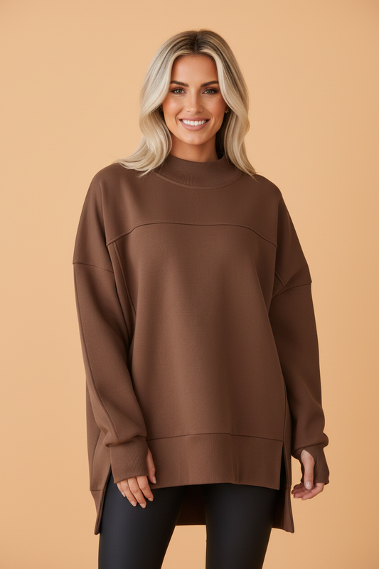 PRETTY BASH Solid Mock Neck Split Hem Oversized Sweatshirt