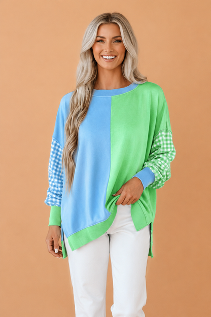Colorblock Gingham Sleeve Long Sleeve Sweatshirt