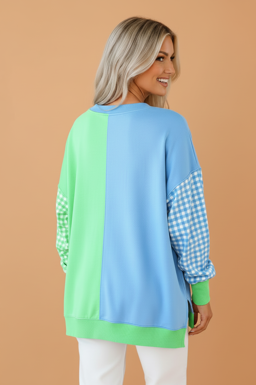 Colorblock Gingham Sleeve Long Sleeve Sweatshirt