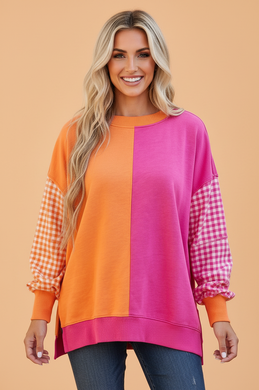 Colorblock Gingham Long Sleeve Crewneck Sweatshirt
