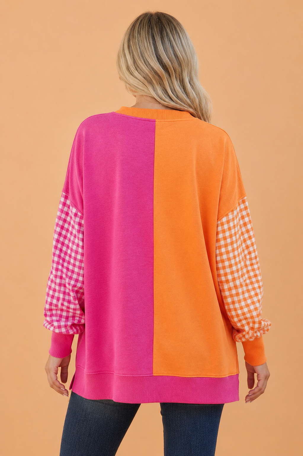 Colorblock Gingham Long Sleeve Crewneck Sweatshirt