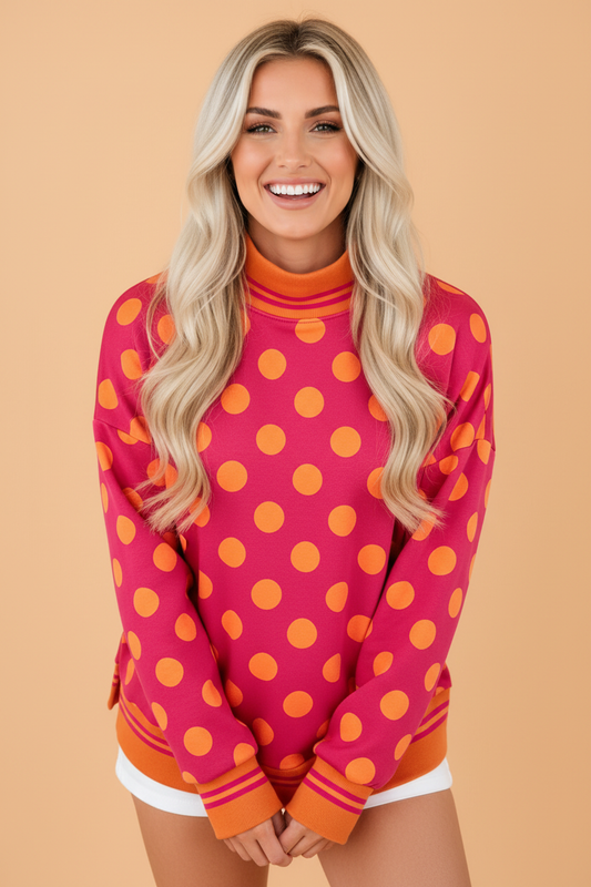 PRETTY BASH Polka Dot Stripe Trim Mock Neck Sweatshirt