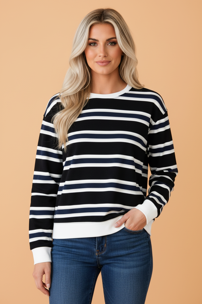 PRETTY BASH Stripe Colorblock Trim Drop Shoulder Sweatshirt