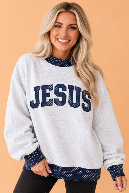 JESUS Polka Dot Contrast Trim Long Sleeve Sweatshirt