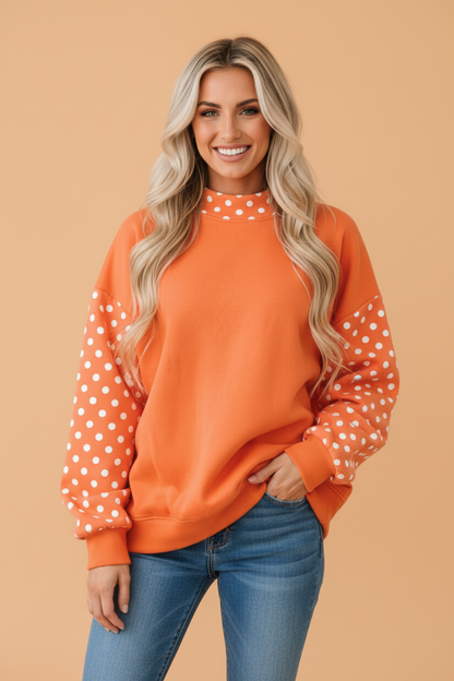 Polka Dot Patchwork Mock Neck Baggy Sweatshirt