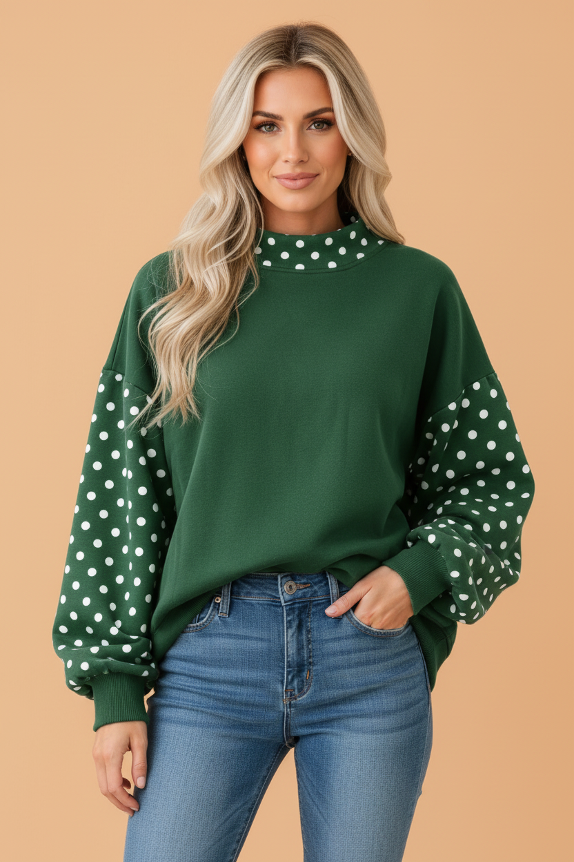 PRETTY BASH Polka Dot Patchwork Mock Neck Baggy Sweatshirt