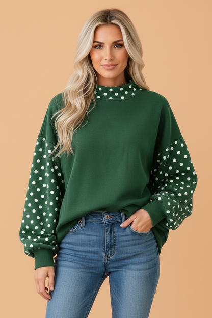 PRETTY BASH Polka Dot Patchwork Mock Neck Baggy Sweatshirt