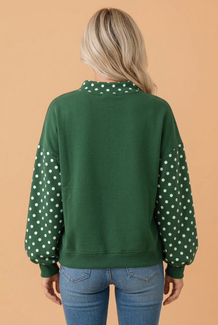 PRETTY BASH Polka Dot Patchwork Mock Neck Baggy Sweatshirt