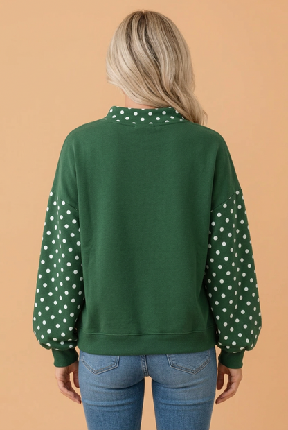 PRETTY BASH Polka Dot Patchwork Mock Neck Baggy Sweatshirt