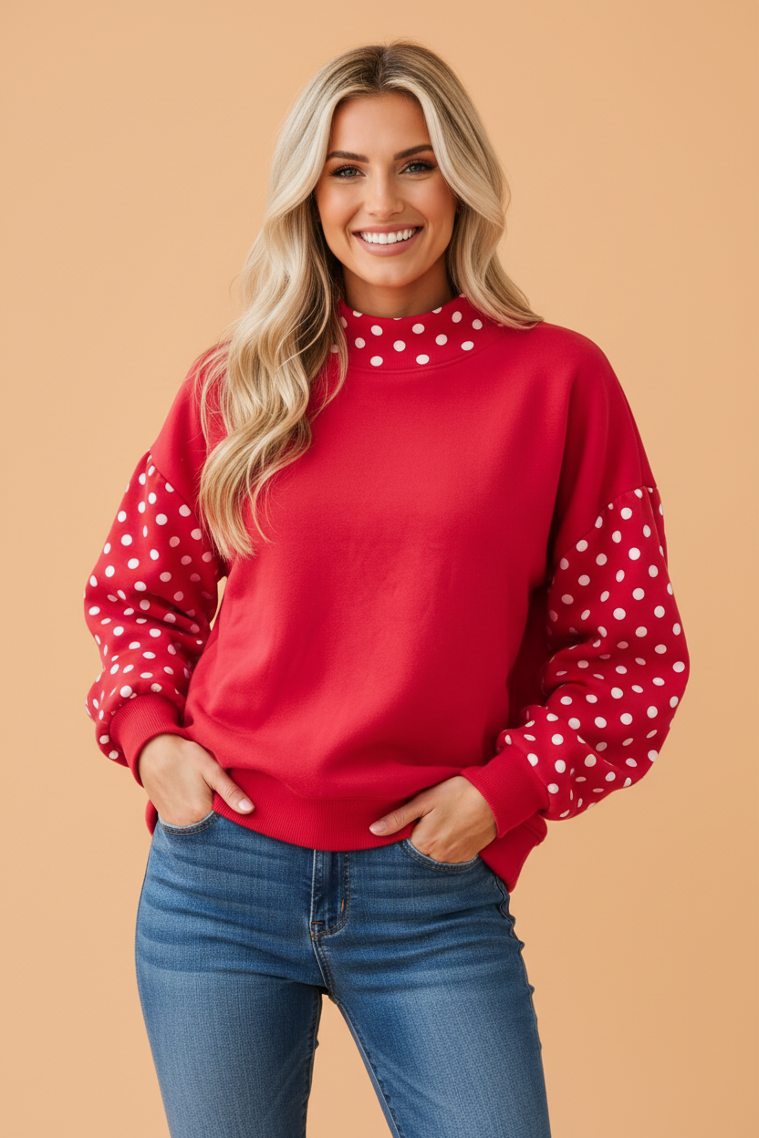 PRETTY BASH Polka Dot Contrast Mock Neck Long Sleeve Sweatshirt