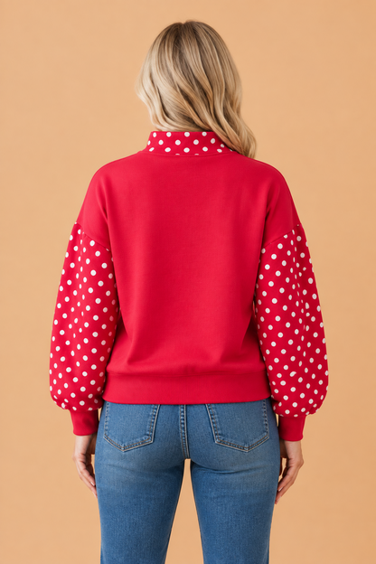 PRETTY BASH Polka Dot Patchwork Mock Neck Baggy Sweatshirt