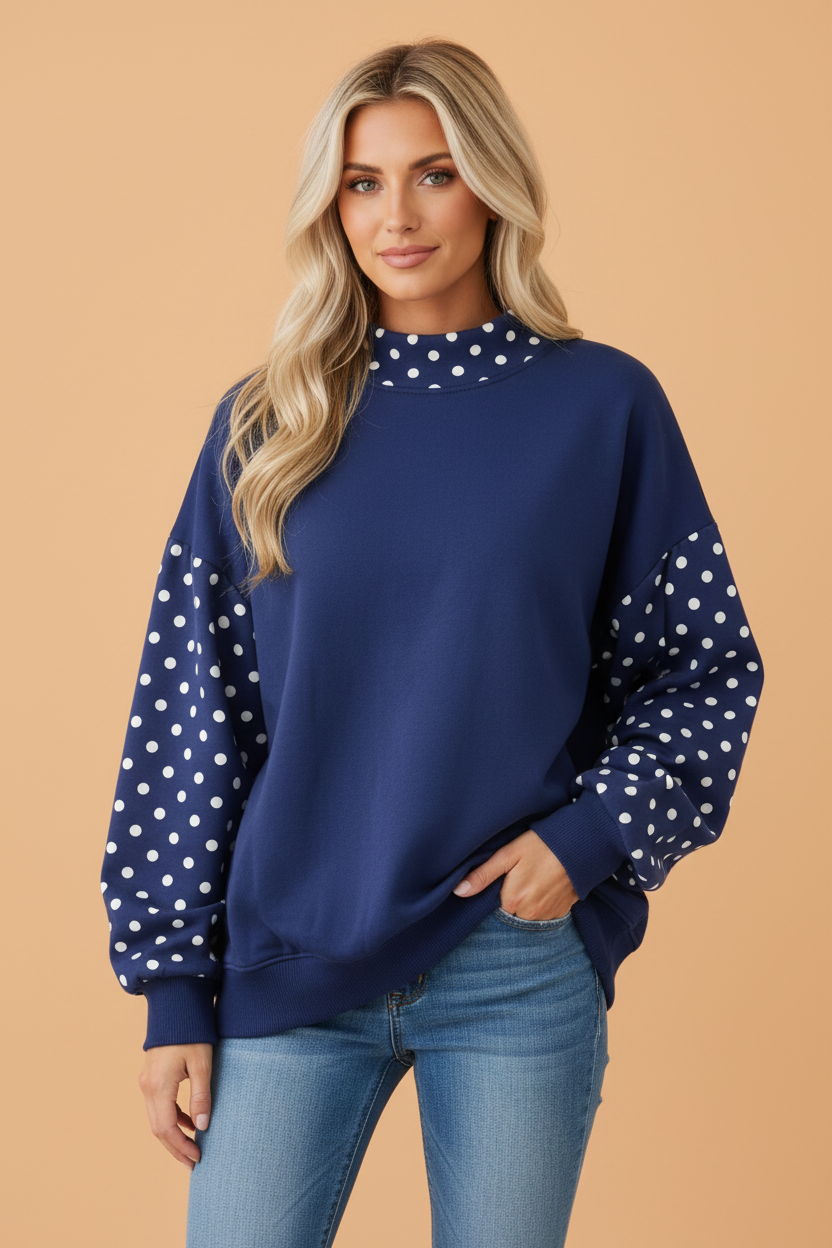PRETTY BASH Polka Dot Patchwork Mock Neck Baggy Sweatshirt