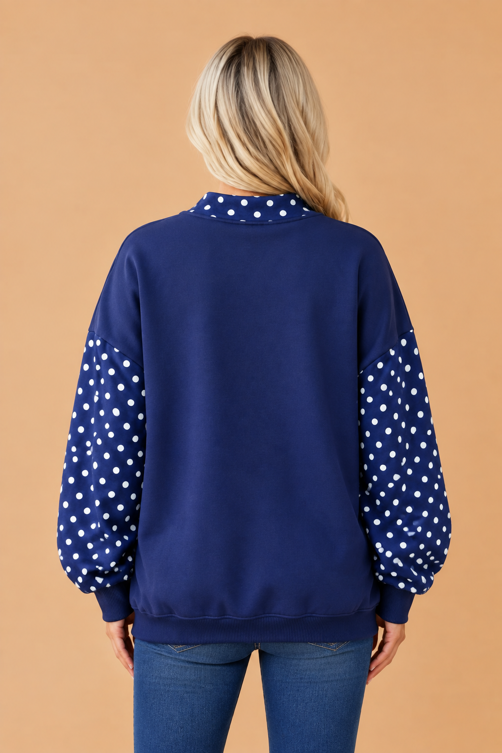 PRETTY BASH Polka Dot Patchwork Mock Neck Baggy Sweatshirt
