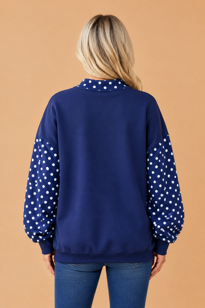 PRETTY BASH Polka Dot Patchwork Mock Neck Baggy Sweatshirt