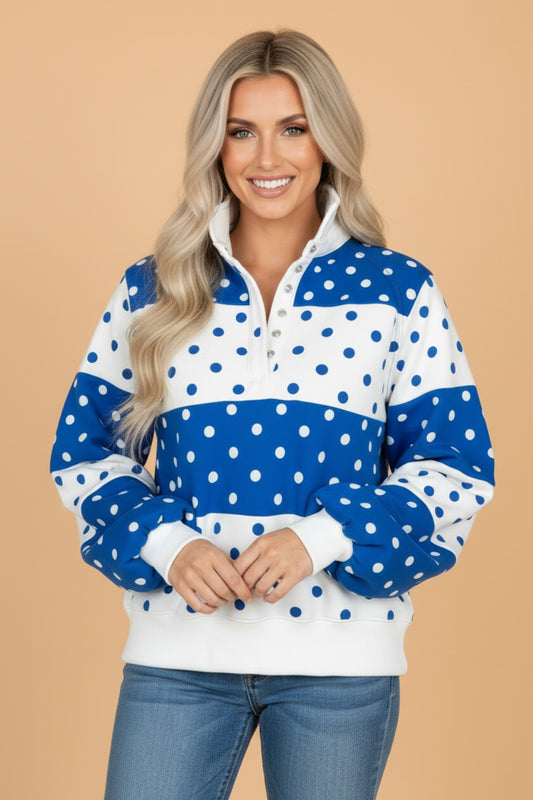 PRETTY BASH Polka Dot Colorblock Half Button Puff Sleeve Sweatshirt